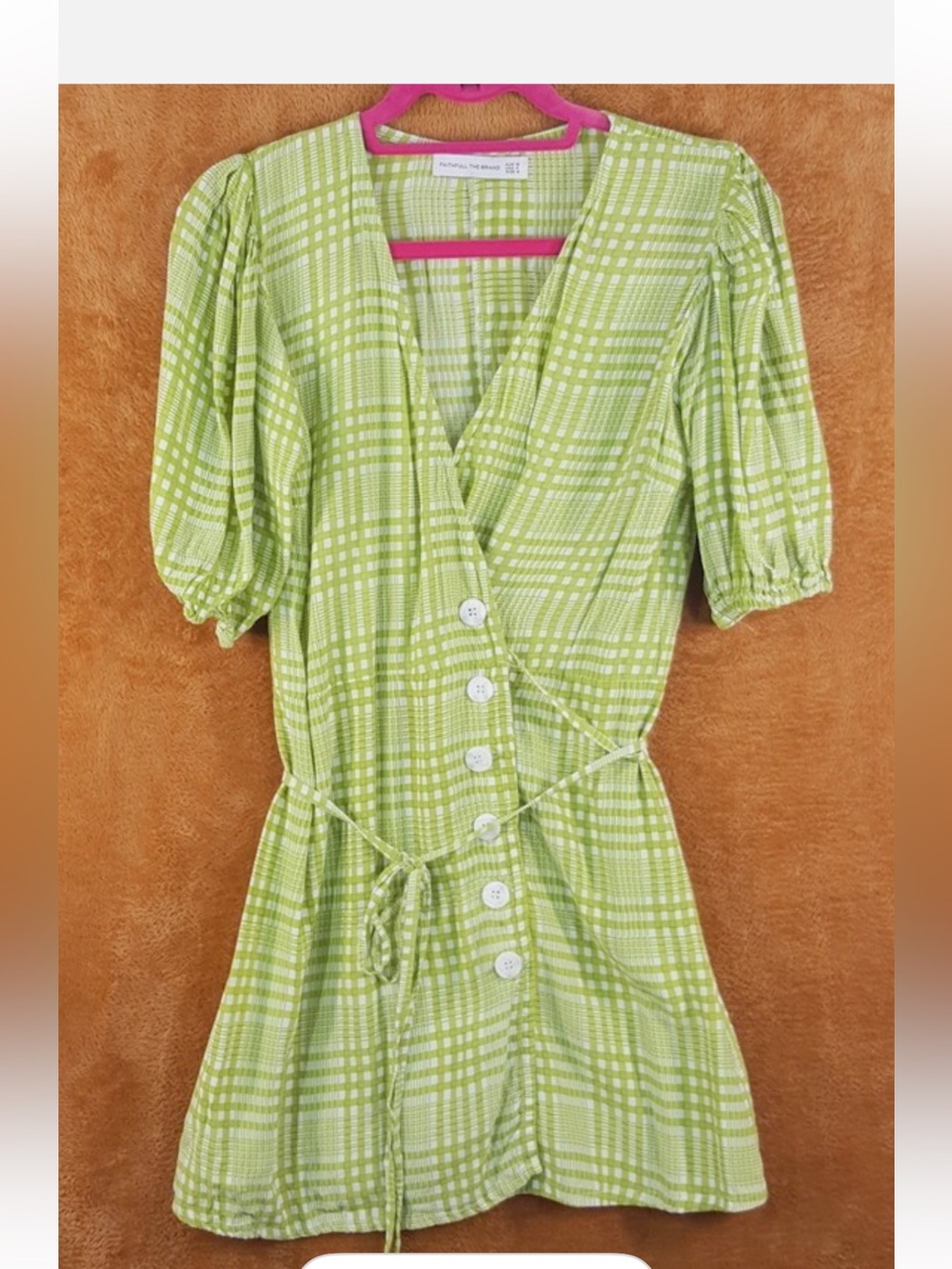 Faithfull the Brand Light Green Plaid Wrap dress with Button Front NWT